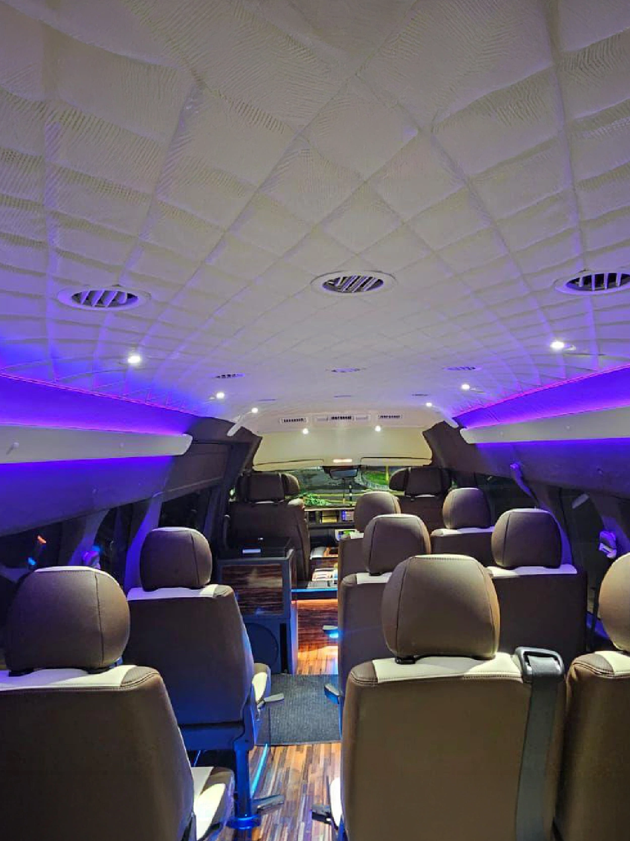 Luxury minibus interior with LED lights